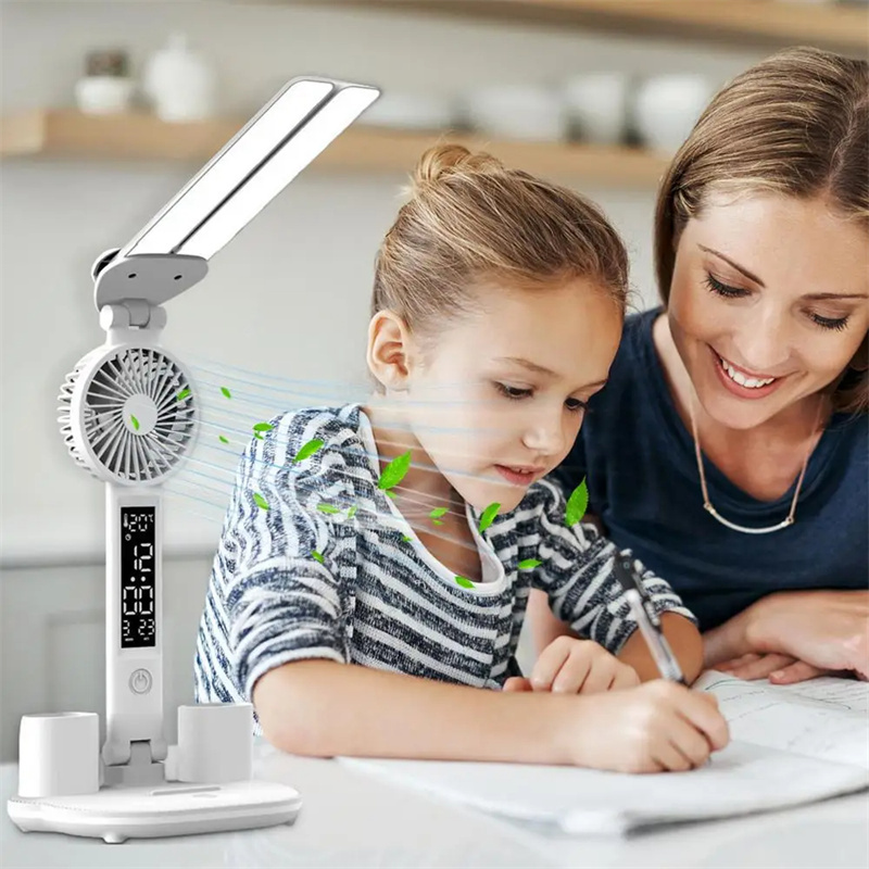 Foldable LED Table Light Eye Protection Multifunction Desk Lamp With Thermometer Calendar Fan Pen Holder Study Reading Fan Light - Image 4