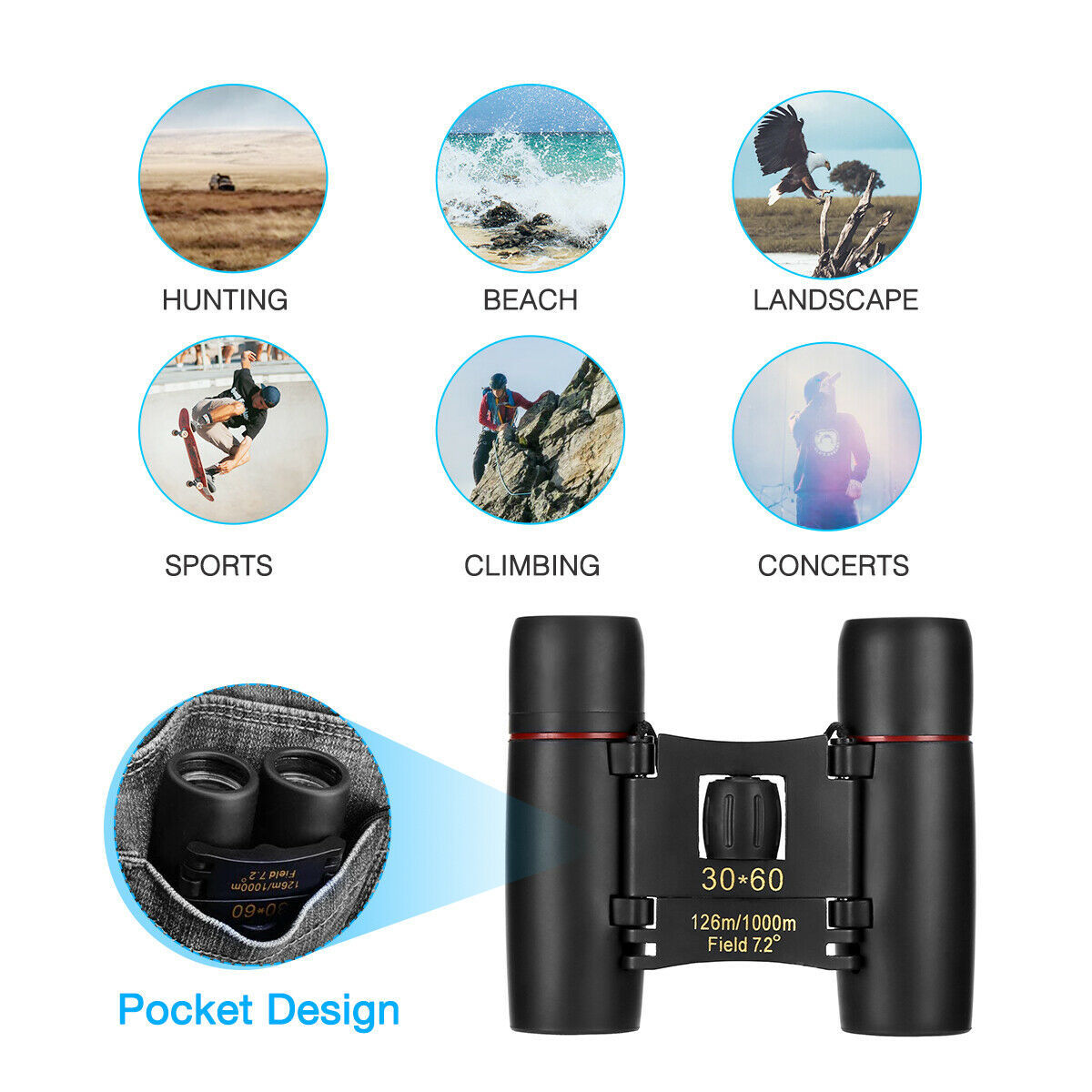 Binoculars 30x60 Zoom Travel Compact Folding Telescope Hunting Day Night Outdoor Small Pocket Binoculars Compact Adults, Mini Kids Binoculars Boys For Bird Watching, Concert Theater Opera - Image 6