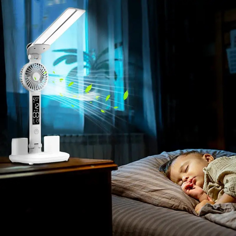Foldable LED Table Light Eye Protection Multifunction Desk Lamp With Thermometer Calendar Fan Pen Holder Study Reading Fan Light - Image 6