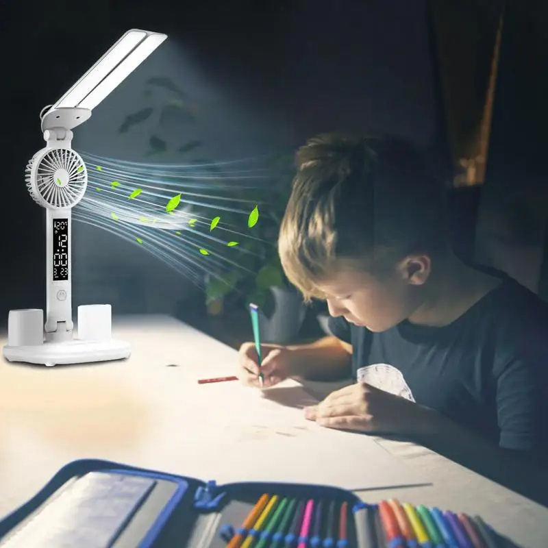 Foldable LED Table Light Eye Protection Multifunction Desk Lamp With Thermometer Calendar Fan Pen Holder Study Reading Fan Light - Image 8